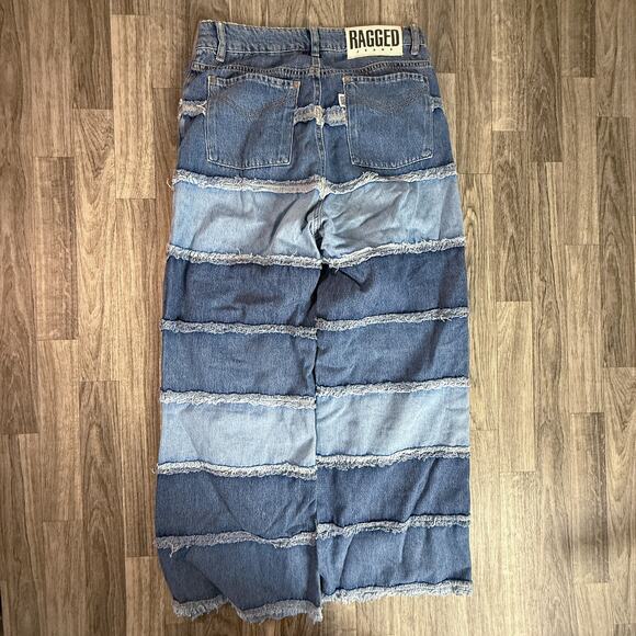 Ragged Jeans Patchwork Denim Maxi Skirt Size 30 Blue Two Tone Frayed Panels - Picture 2 of 9